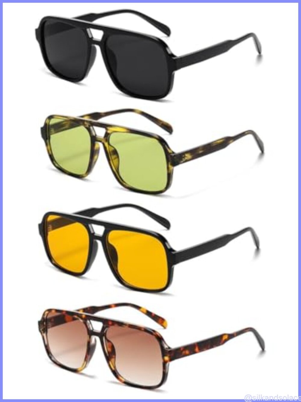 Oversized Square 70s Aviator Sunglasses UV Protection Full Frame 4 Pack